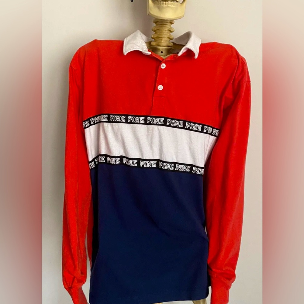 PINK Victoria’s Secret Blue Red Colorblock Logo MEDIUM Rugby Long Sleeve Shirt